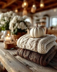 Autumn Still Life: Pumpkin atop cozy knitted sweaters on wooden table.