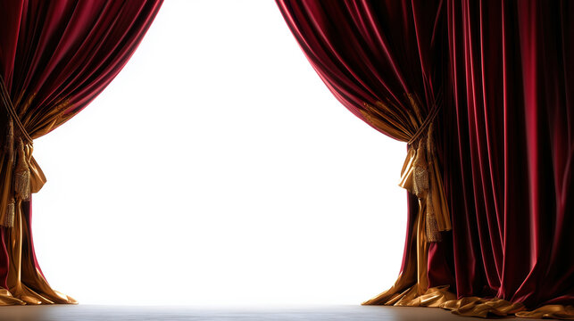 Red velvet curtains part in a theater to reveal an empty stage at a dramatic moment
