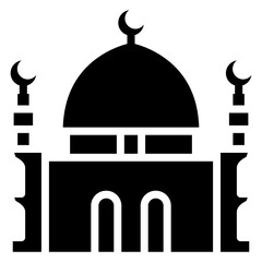A large mosque with a dome and minarets icon. Temple, religious building, religious object, house of prayer. Flat vector illustration isolated on white background.