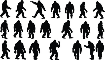 A collection of 18 detailed black silhouette Bigfoot illustrations in various walking, standing, and posing stances, ideal for mythical creature and outdoor designs.