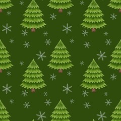 Fototapeta premium Green Christmas trees and snowflakes on a green background repeating pattern