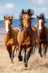 Obraz premium Horses galloping joyfully in an open pasture with their manes flowing in the breeze under clear skies.
