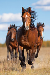 Obraz premium Horses galloping joyfully in an open pasture with their manes flowing in the breeze under clear skies.