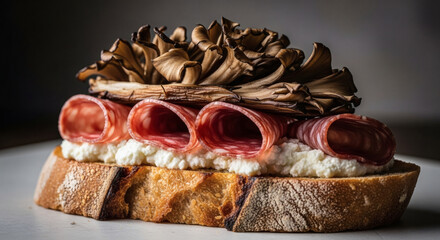 Artisanal Truffle Salami & Roasted Maitake Mushroom on Sourdough – Authentic Italian Charcuterie for National Salami Day, Gourmet Food Styling, Rustic European Cured Meat Close-Up