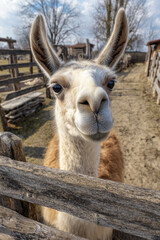 Obraz premium A llama cheerfully observing visitors to the farm, its long neck extended, expressing friendly curiosity and charm.