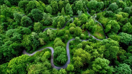Serene Aerial View of Winding Path through Lush Green Forest Landscape Surrounded by Vibrant Trees and Foliage