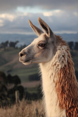 Obraz premium A llama gazing thoughtfully into the distance from a high vantage point, appearing serene and contemplative on the farm.