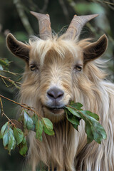 Fototapeta premium A goat with long, shaggy fur munching contentedly on leaves from a low-hanging branch, showing its dietary habits.