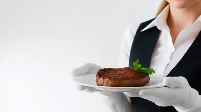 Fine dining service featuring a perfectly cooked steak presented by a waiter