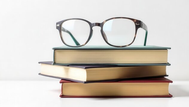 A pair of glasses perched atop a stack of books , emoji, digital