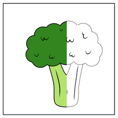 Half broccoli illustration with dotted lines for kids to complete and color. Fun symmetry and tracing worksheet for preschool learning.

