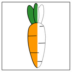 Half-colored carrot tracing worksheet for kids. Trace the dotted outline and color to learn about vegetables while improving hand control and creativity.