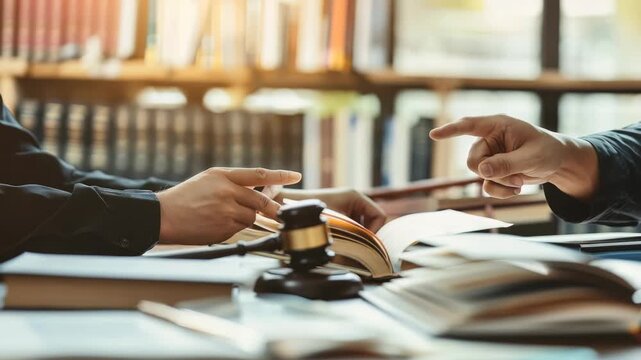 Two individuals engage in a discussion over law books in a library setting. A gavel rests nearby, pointing to a legal matter under consideration. The setting suggests scholarly, in-depth research.