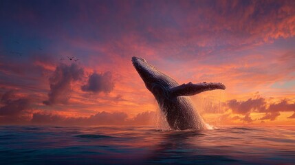 Fototapeta premium Humpback whale breaching at sunset