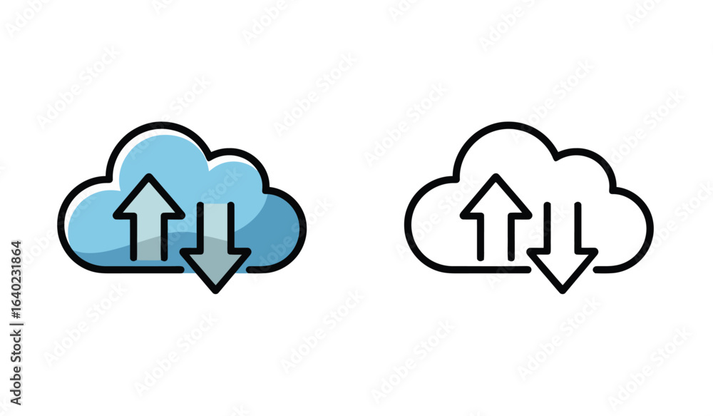 Poster illustration of cloud computing upload and download with arrow icons in two design styles