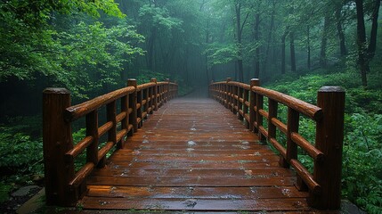 Fototapeta premium Wooden bridge over a path in a lush green forest with mist.
