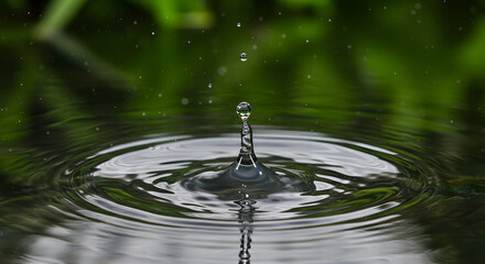 Capturing the serene moment: a water droplet creating ripples in a pond surrounded by lush green