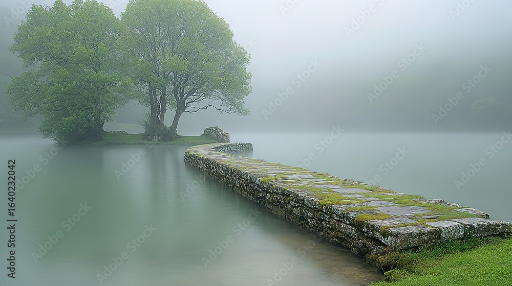Poster a stone path leads into a lake with trees in the background and fog.
