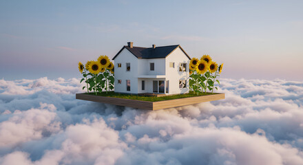 Dreamy floating house in the sky surrounded by sunflowers evoking peaceful living