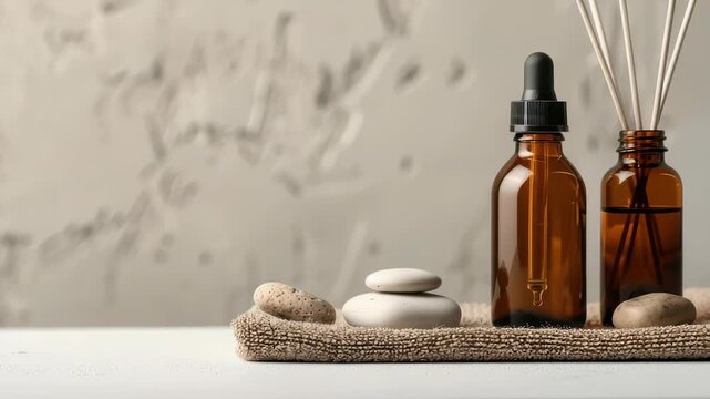 A minimalist still life featuring aromatherapy bottles, balanced stones, and a soft towel against a textured wall, evoking tranquility and wellness. Ideal for spa or relaxation themes.