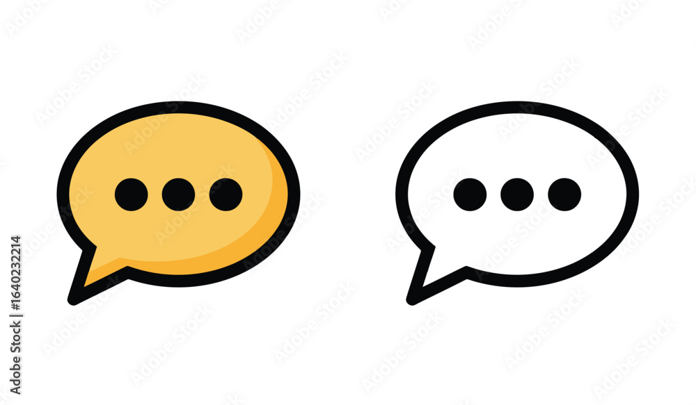 Poster icons of speech bubbles with three dots for chatting and messaging in gold and outline