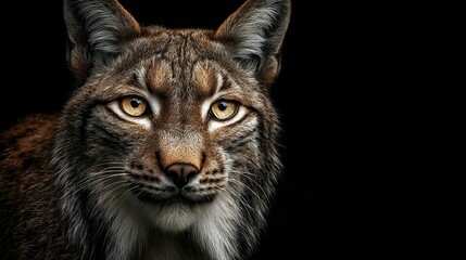 Obraz premium Lynx headshot Brown, furry wild cat with golden eyes stares from a black backdrop