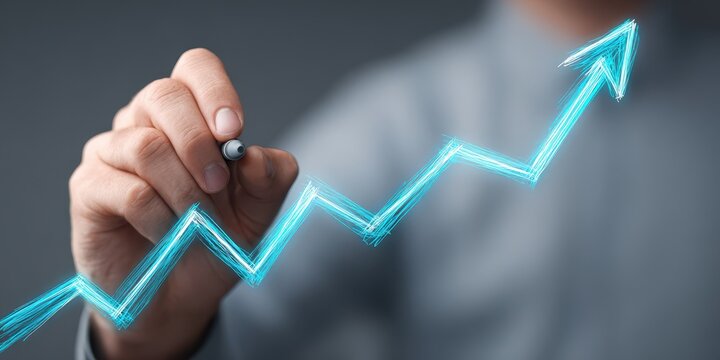 Hand drawing glowing blue upward trending line graph with an arrow growth
