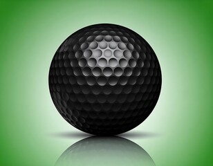 Black golf ball on a green background.  Glossy, 3D
