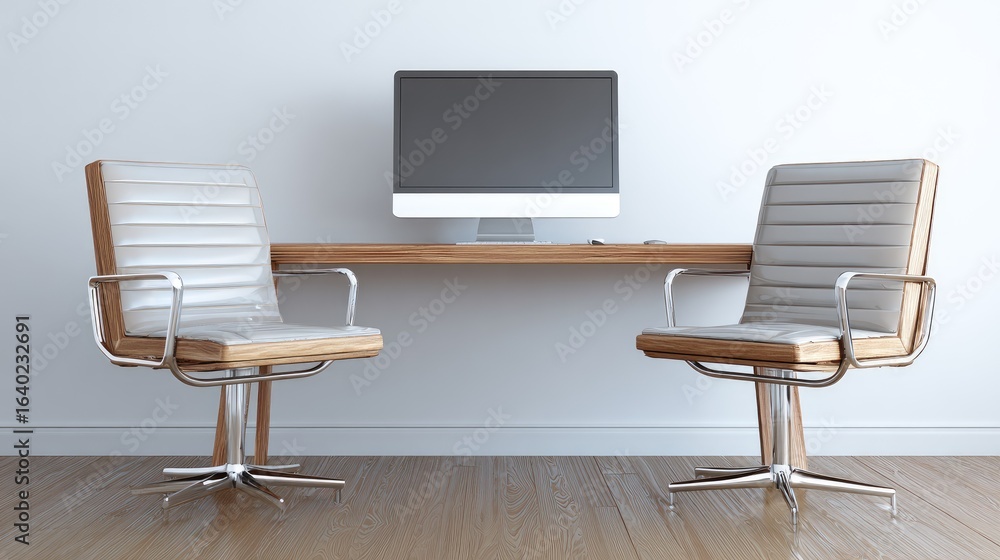 Poster modern office workspace with minimalist design featuring two stylish chairs and a computer monitor o