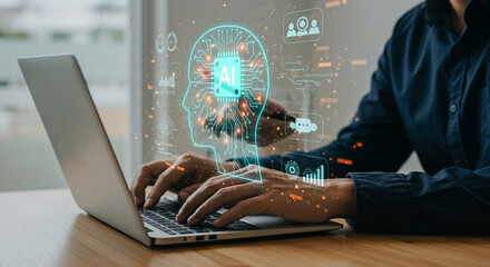 Businessman Developing AI on Laptop with Digital Brain Interface