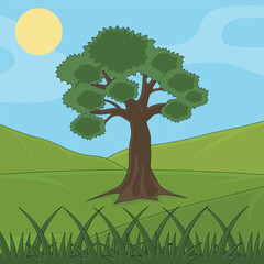 leafy tree landscaped vector illustration graphic design . Nature Scene Sunny Day Rolling Hills Environmental Theme for Summer Season with cartoon style