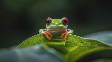 Closeup of Red-Eyed Tree Frog (Agalychnis callidryas) on Green Leaves