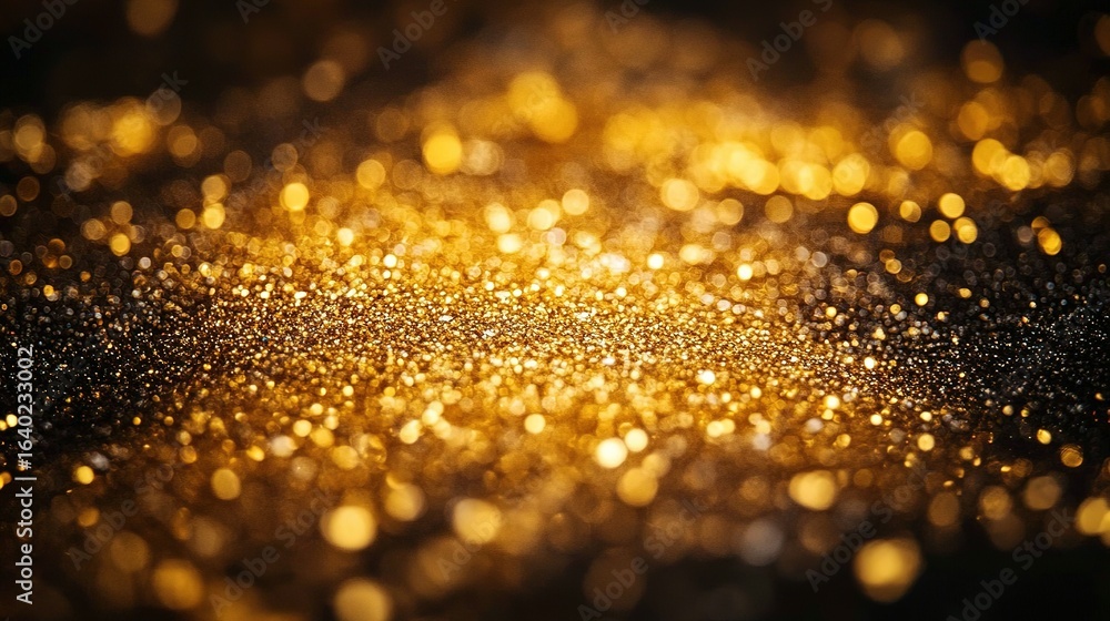 Poster golden glitter particles scattered on a dark surface creating a bokeh effect.