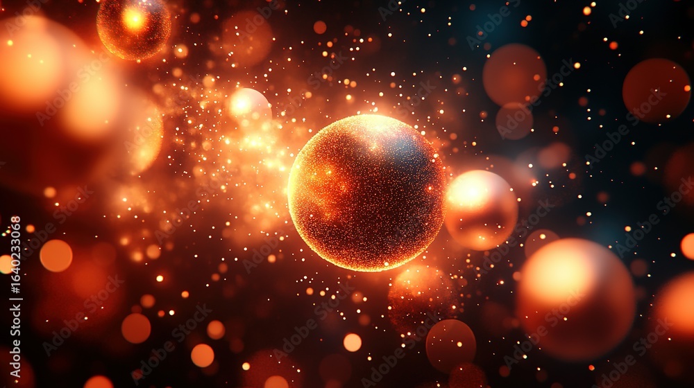 Poster abstract rendering of glowing spheres and particles against a dark background.