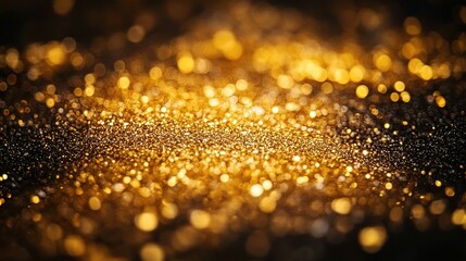 Golden glitter particles scattered on a dark surface creating a bokeh effect.