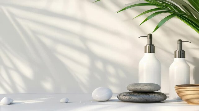 Tranquil zen spa setup featuring smooth stones, plant shadows, and soap dispensers against a white backdrop, evoking serenity and calmness. Minimalist decor for relaxation and well-being.