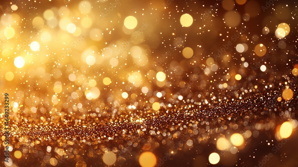 Poster abstract golden glitter background with bokeh lights and sparkling particles.