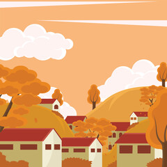 autumn village landscaped vector illustration graphic design . Orange Hills Colorful Trees Cozy Houses Rural Scene for Season concept with cartoon style