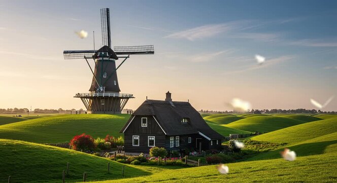 Old wooden barn and windmill standing on wide farm landscape under blue sky. Countryside agriculture concept
Seamless looping, virtual video animation background. Generated AI	