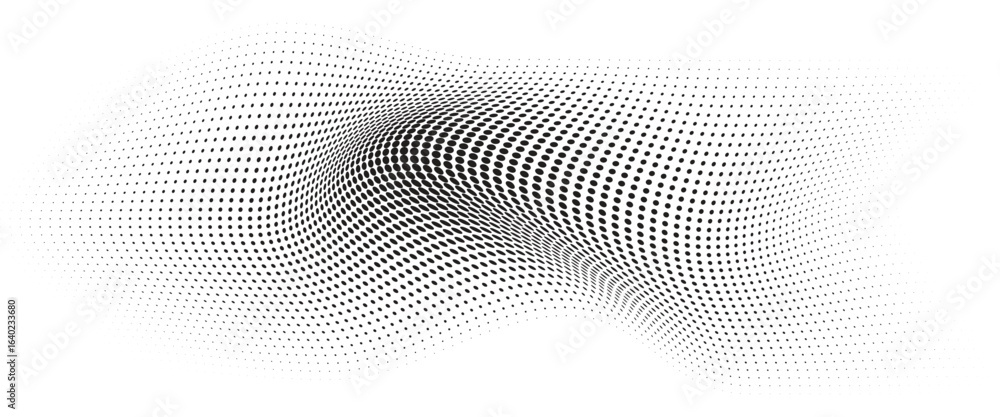 Poster flowing wave dot halftone pattern: curve gradient shape on transparent background. suitable for ai, 