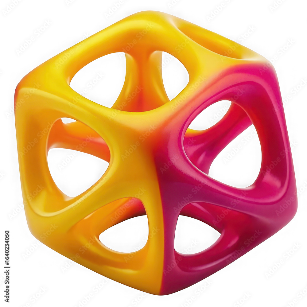 Poster a 3d brightly colored geometric cube with open sides and rounded edges showcasing a gradient from ye