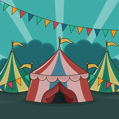 Circus Tents landscaped vector illustration graphic design . Carnival Scene Festive Flags Entertainment Event Fairground for holiday or recreation concept with cartoon style