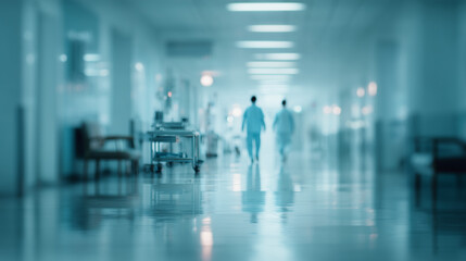 Blurred view of two doctors walking in the hospital corridor with medical equipment, concept for healthcare service, medical research and clinic interior design