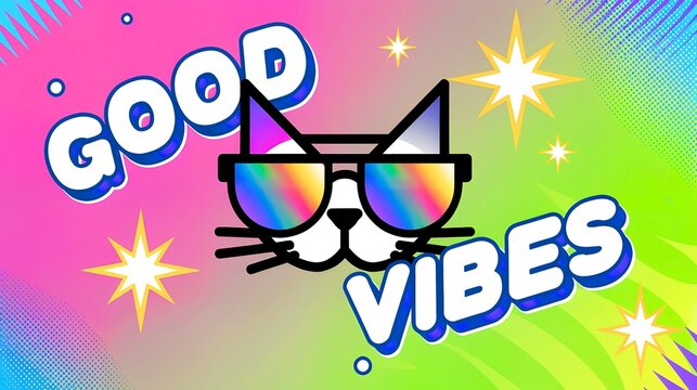  Fun Cat with Sunglasses and Good Vibes - Colorful Illustration
 
