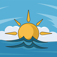 Ocean Sunrise landscaped vector illustration graphic design . Morning Sea Water Waves Cloudy Sky Dawn Scene for holiday or recreation concept with cartoon style