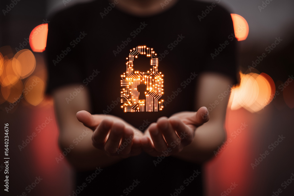 Poster a person holds a digital padlock in their hands with blurred bokeh background, concept for data prot