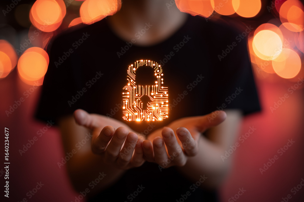 Aufkleber person holding a glowing digital padlock with circuit board pattern against bokeh background, concep