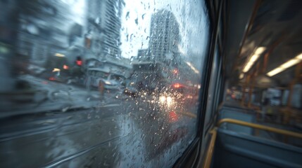 Obraz premium Rainy city street view from bus window