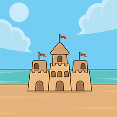 sandcastle on a sandy shore landscaped vector illustration graphic design . Summer Fun Beach Vacation Ocean View Childhood Play for holiday or recreation concept with cartoon style