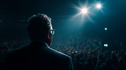 Rear view of a speaker addressing a large audience under bright spotlights. Concept for keynote presentation, motivational speech and corporate event stage presence